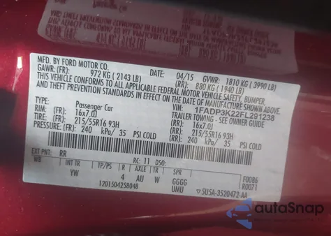 2015 Ford Focus Se from USA, damaged, VIN 1FADP3K22FL291238